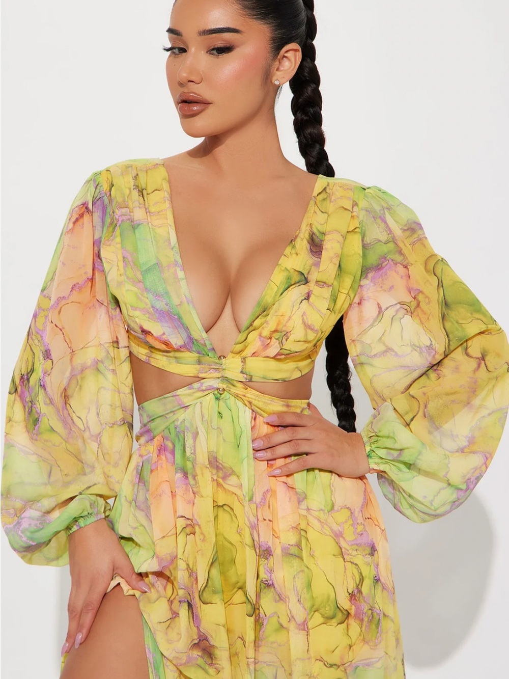 Fashion Nova Willow Maxi Dress - Yellow with Pink & Green Marble